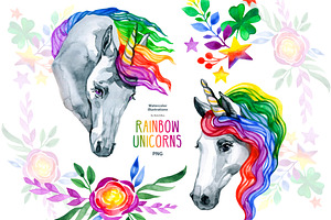 Download Watercolor Unicorn Rainbow Clip Arts Custom Designed Illustrations Creative Market