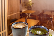 Cups of coffee, espresso and matcha latte | Background Stock Photos