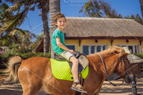 Download Smiling Young Boy Ride A Pony Horse High Quality Nature Stock Photos Creative Market