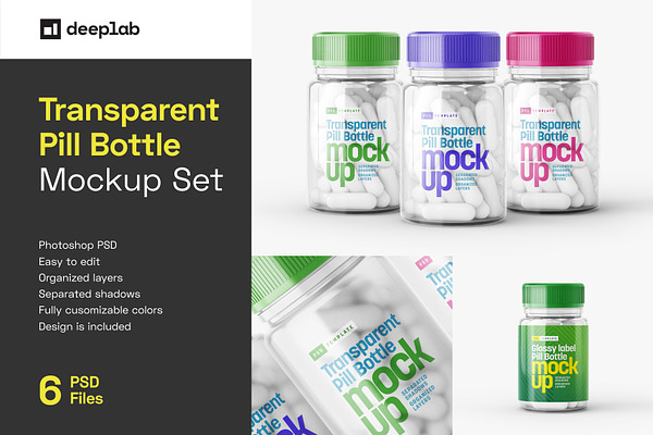 Transparent Pill Bottle Mockup Set | PSD File