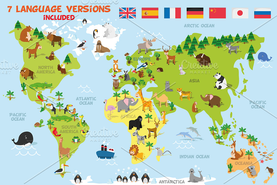 Cartoon World Map With Kids And More Pre Designed Illustrator Graphics Creative Market