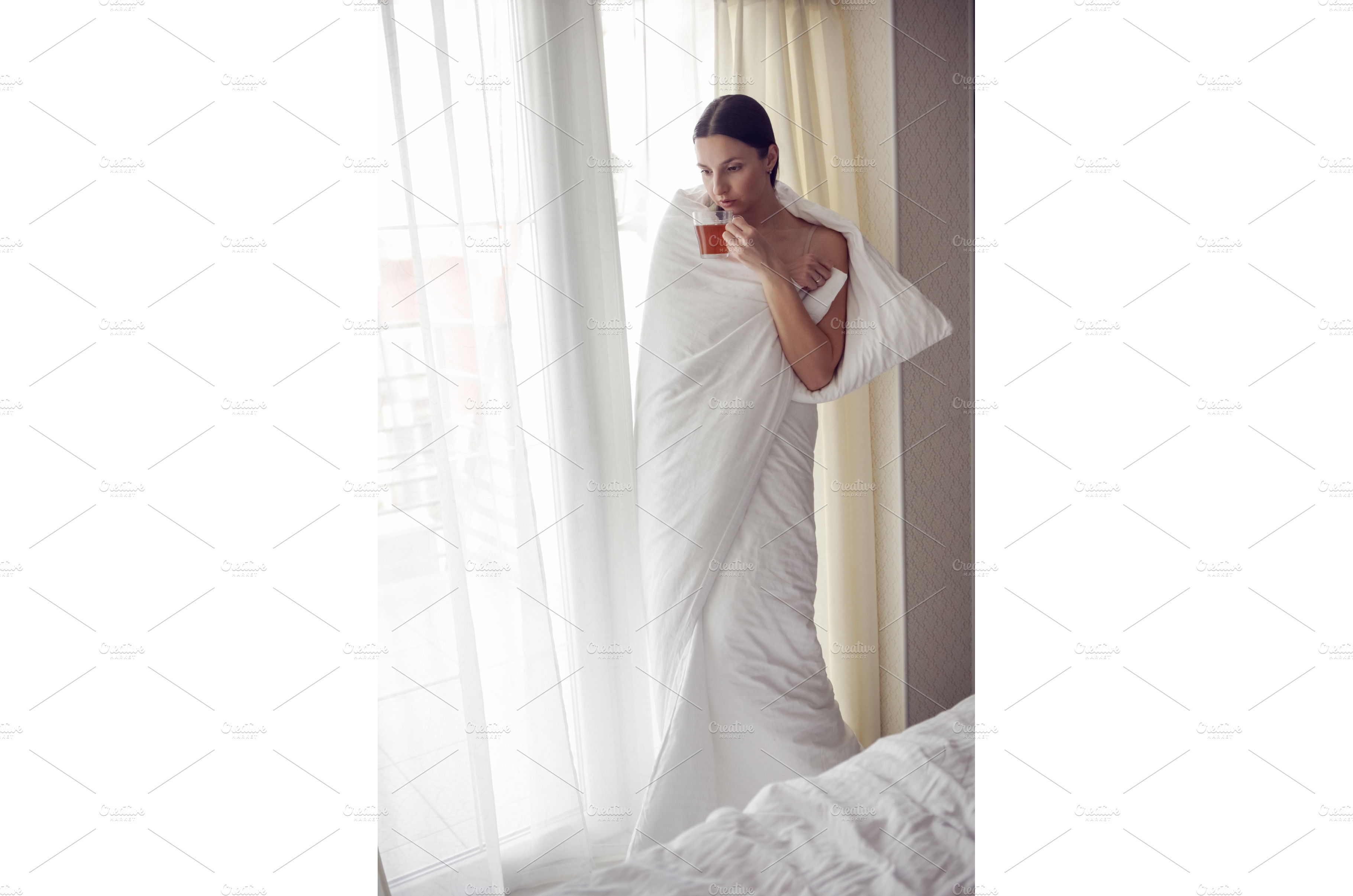 Woman Wrapped In A White Blanket People Images ~ Creative Market 2432