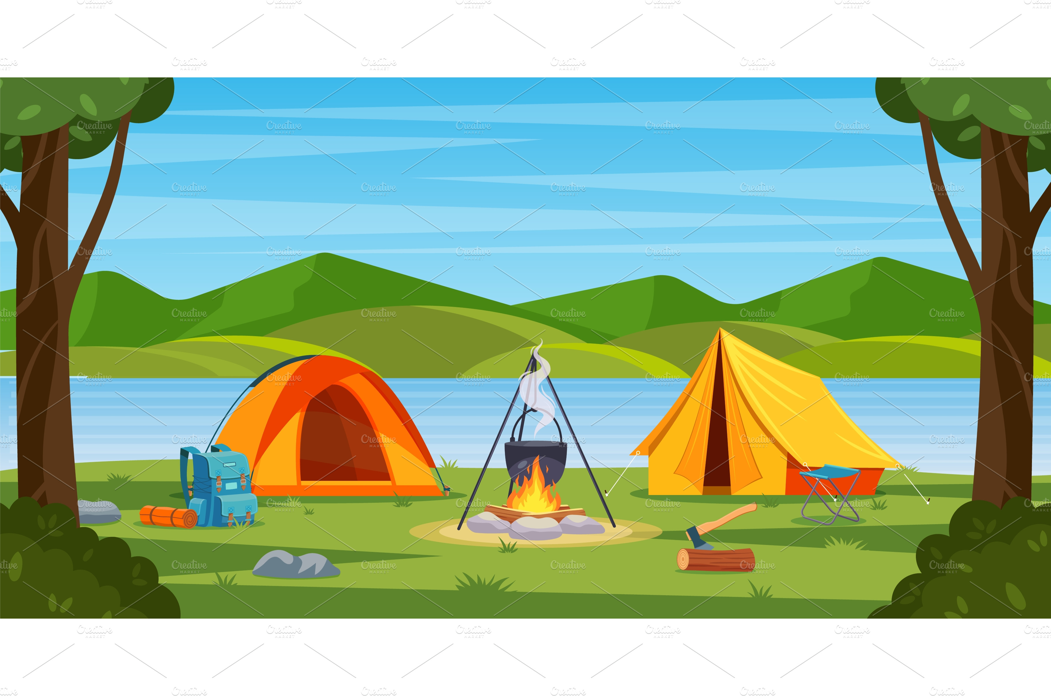 Summer camp in forest with bonfire | Illustrations ~ Creative Market