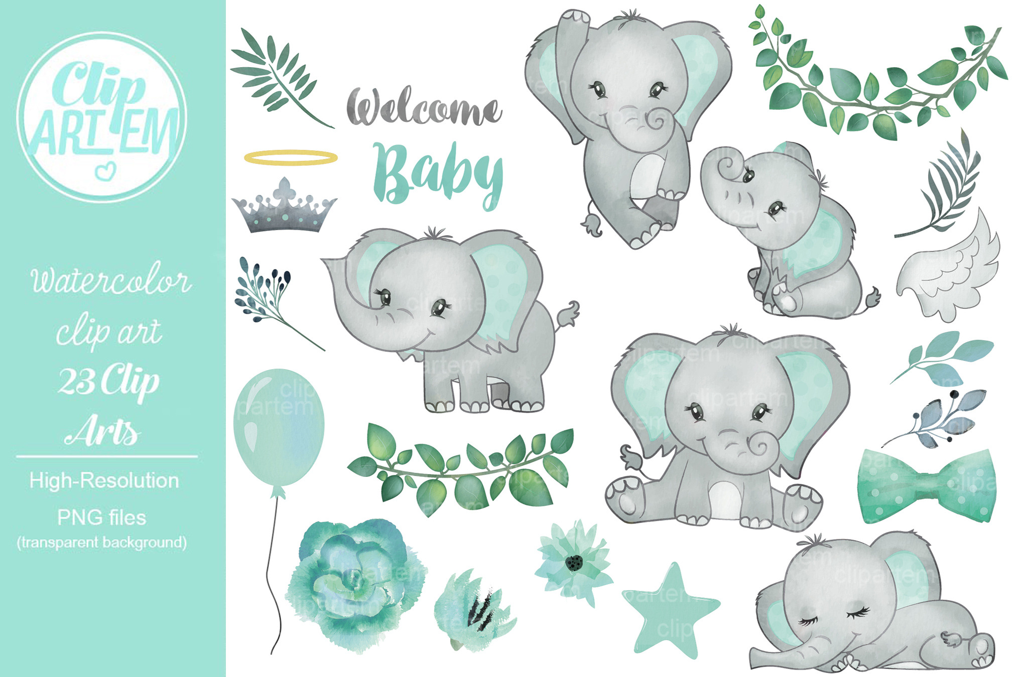 Mint Boy Girl Unisex Elephant with bow tie, PNG clip art set By