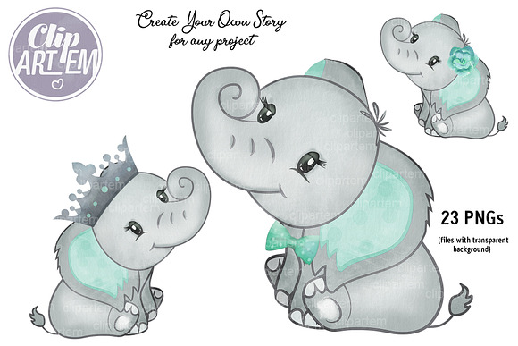 Mint Boy Girl Unisex Elephant with bow tie, PNG clip art set By