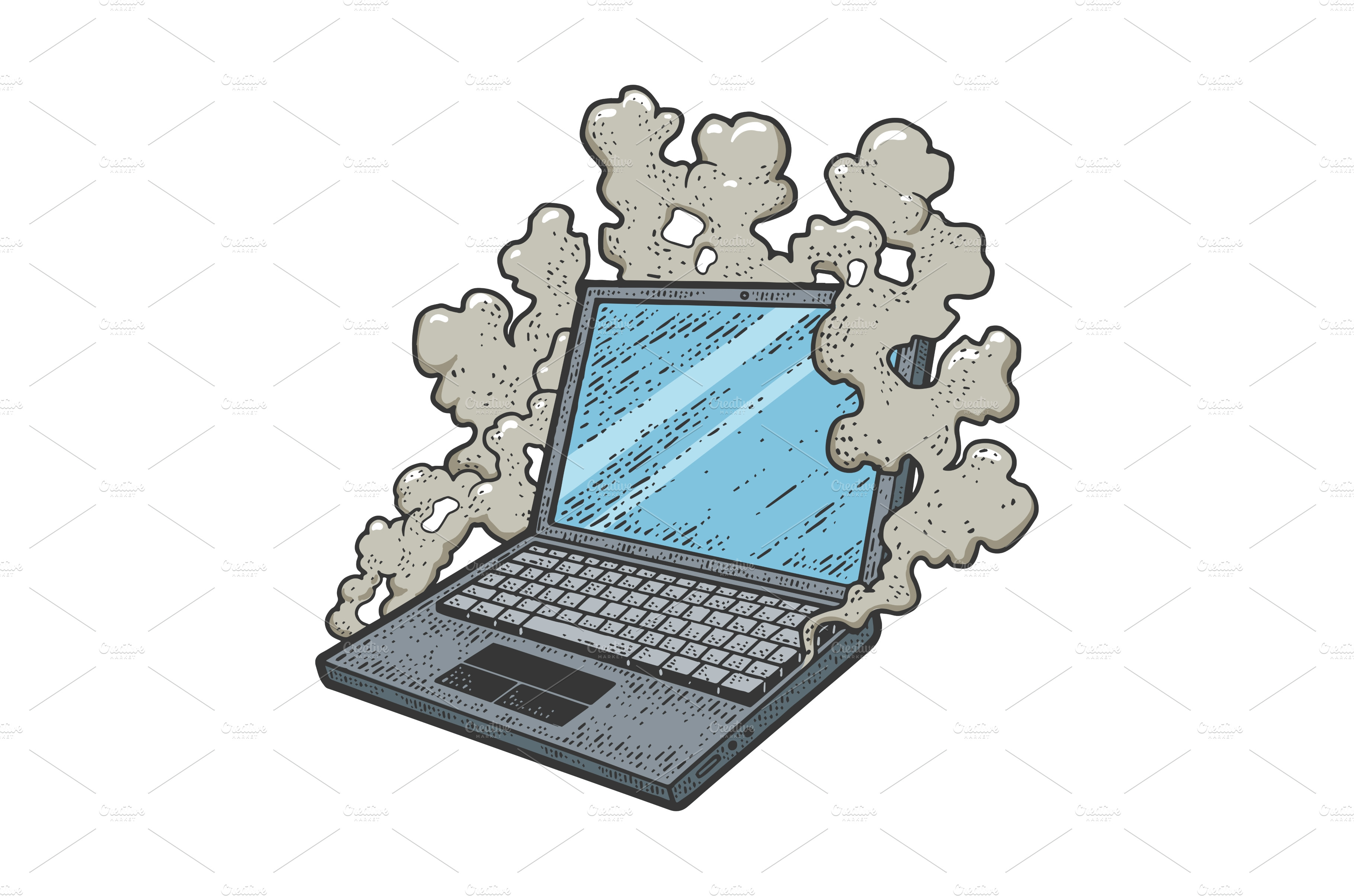 smoking broken laptop sketch vector | Object Illustrations ~ Creative ...