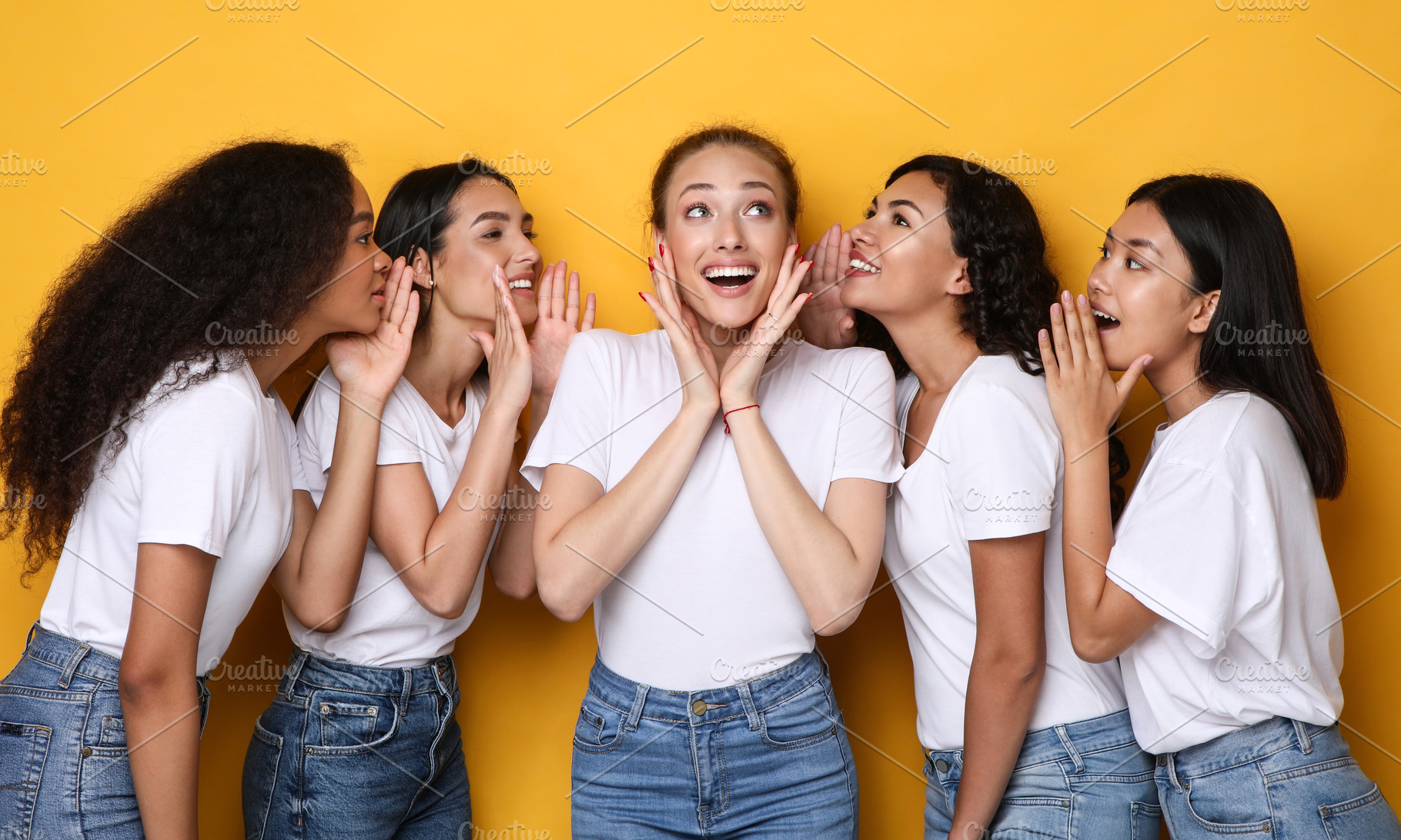 Excited Young Women Gossiping Sharing Rumors And Secrets Yellow