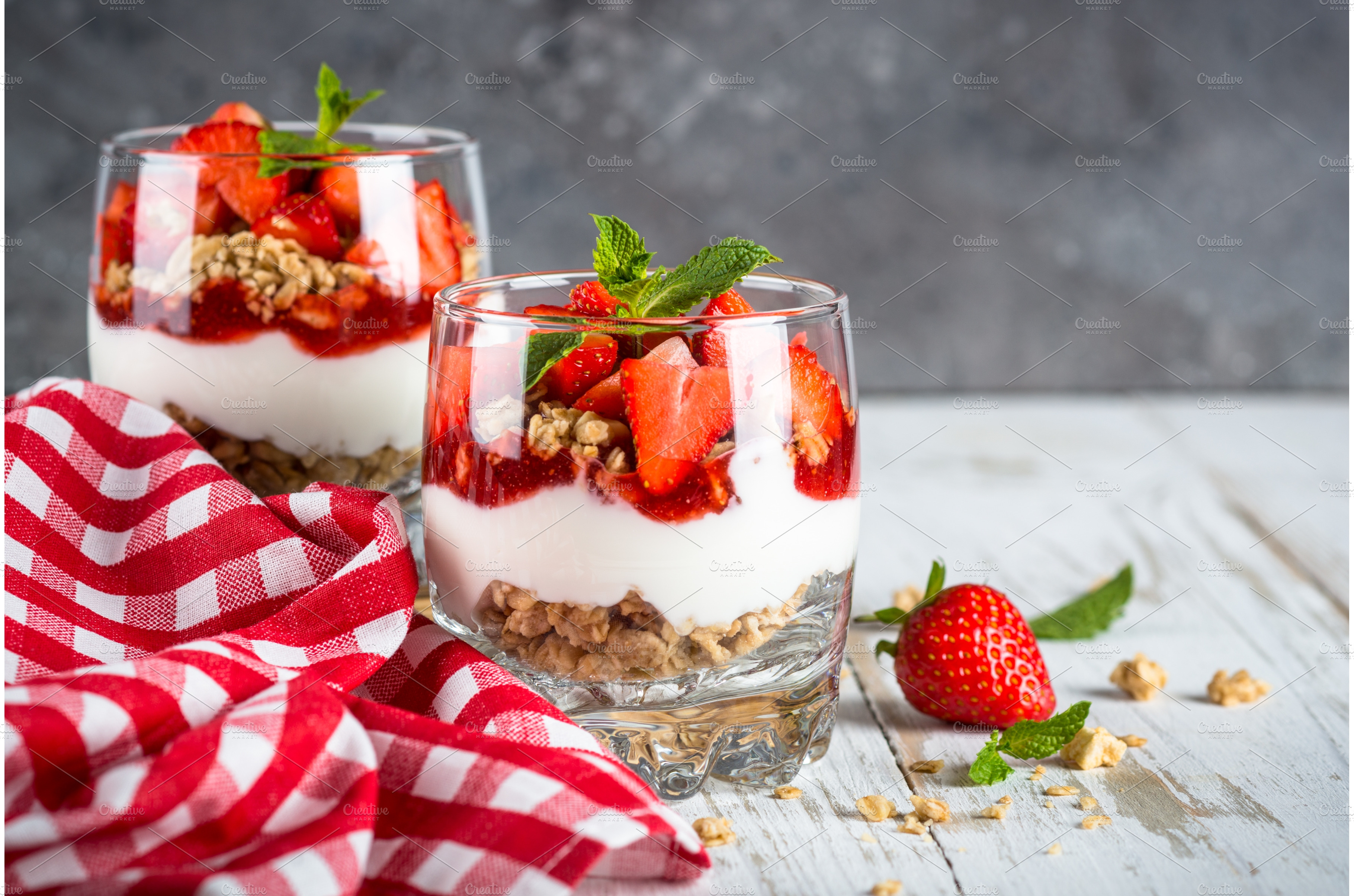 Greek yogurt parfait with strawberry | Food Images ~ Creative Market