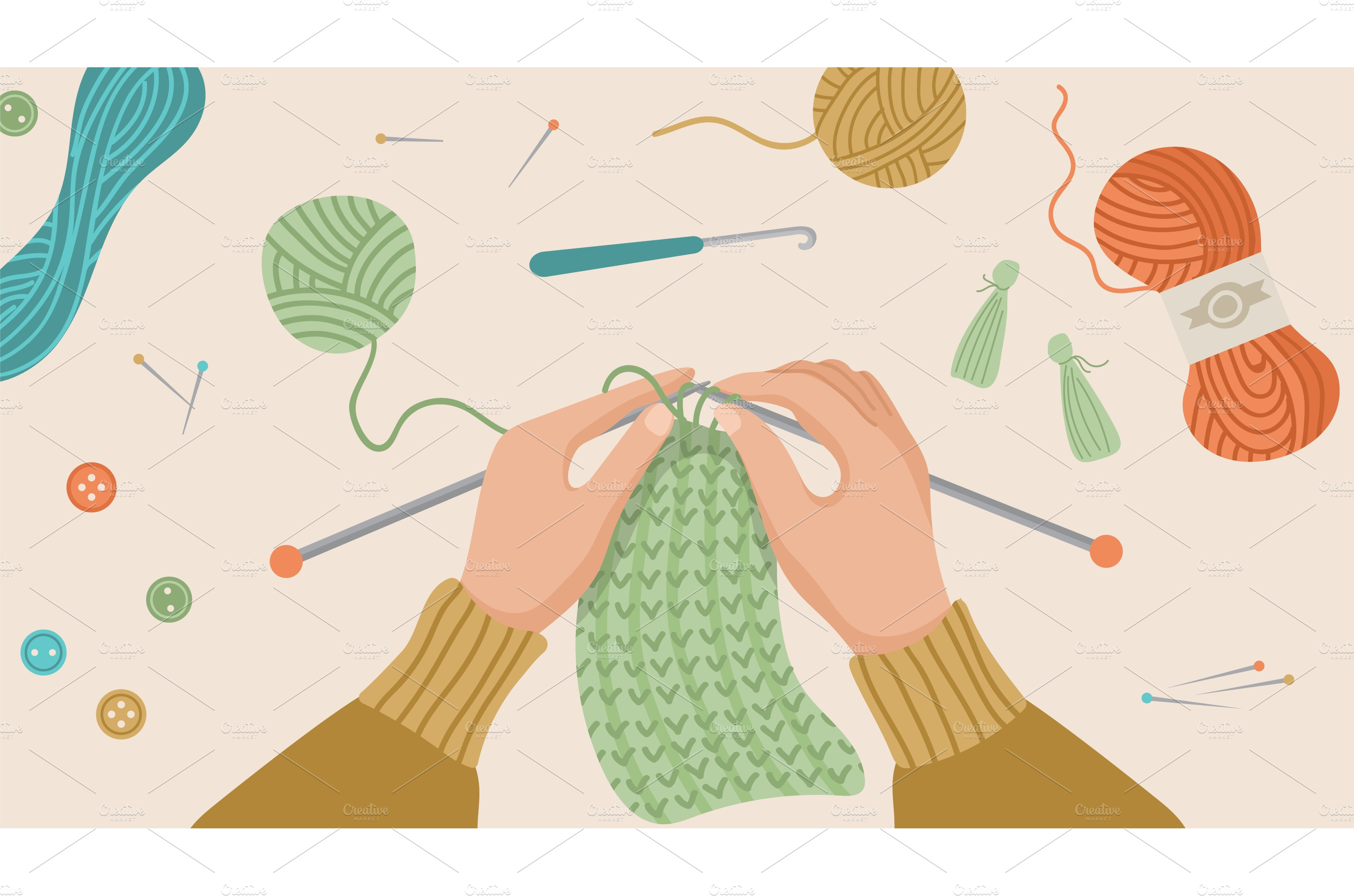 Hand knitted. Hands knitting, knit Vector Graphics Creative Market