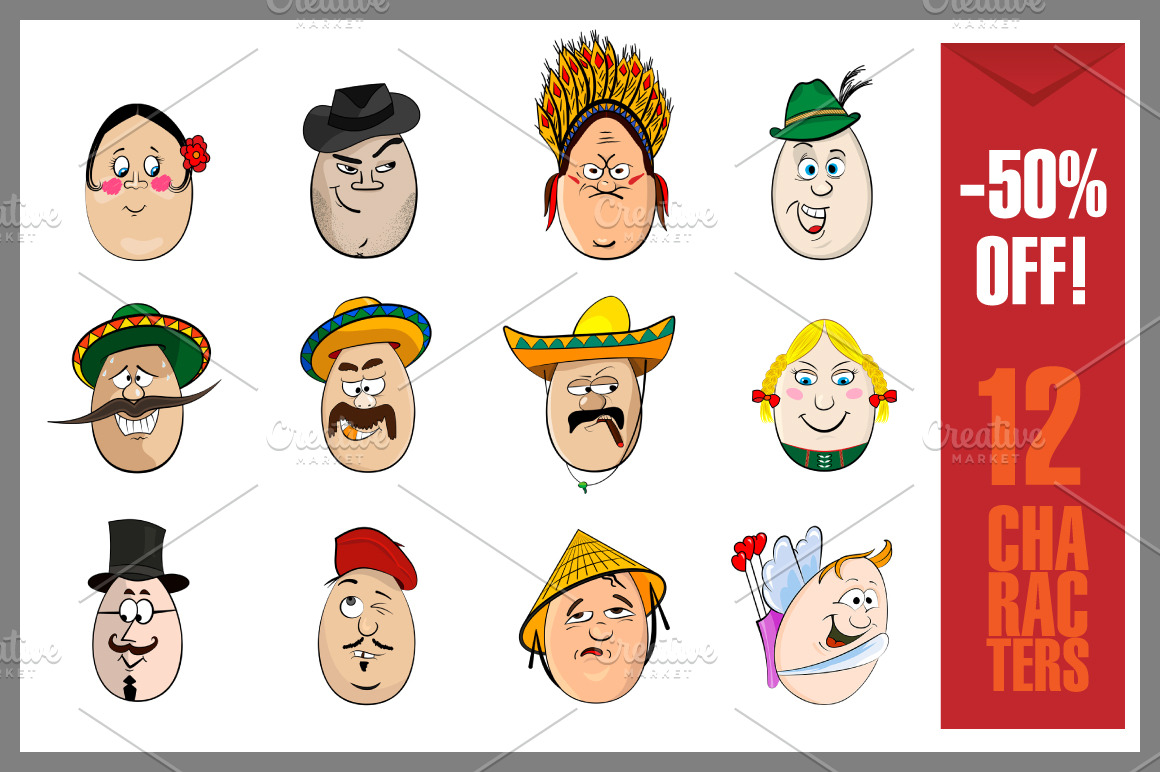 Cartoon Characters Faces | Pre-Designed Illustrator Graphics ~ Creative