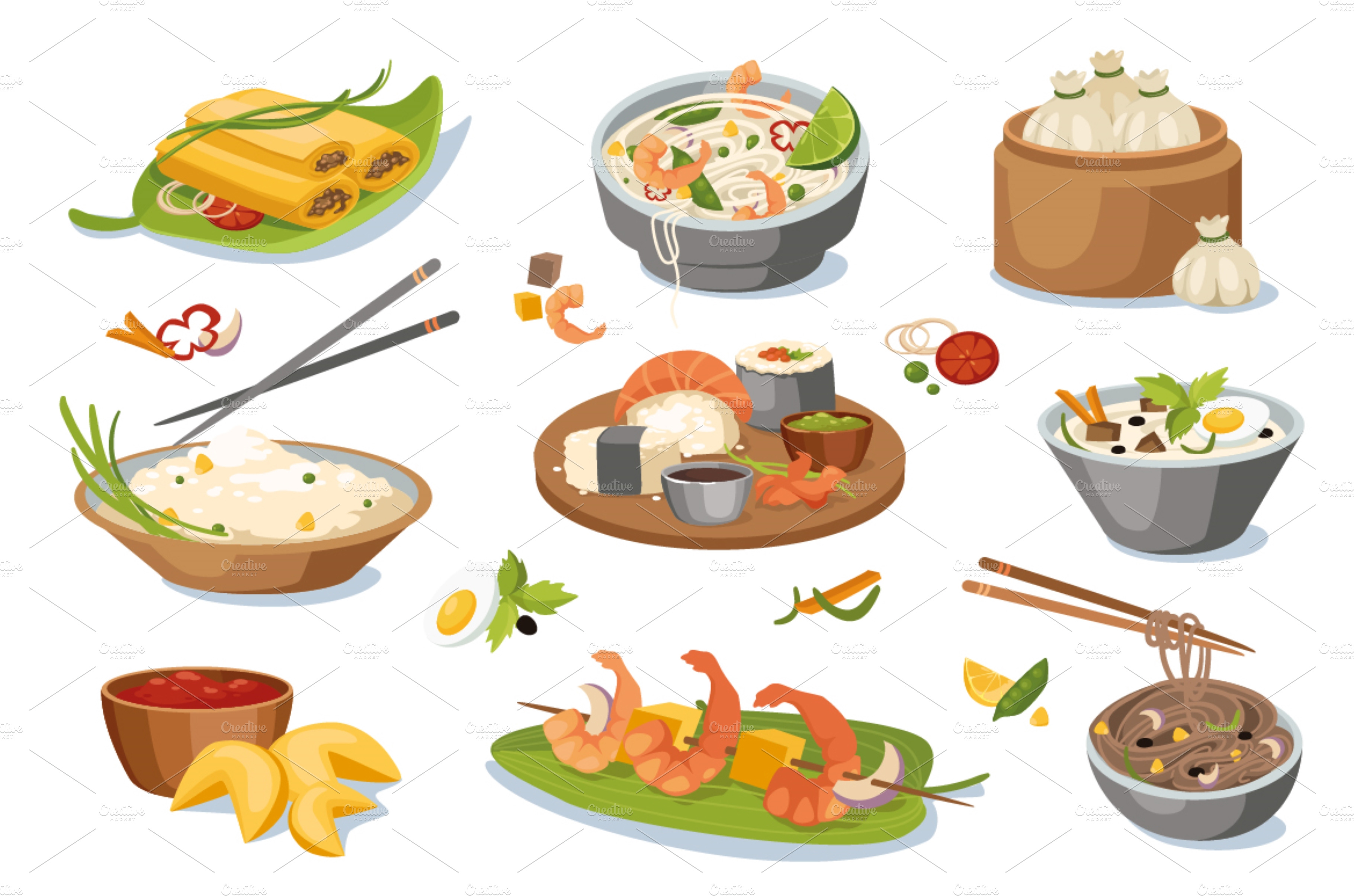 Asian food dishes elements set | Food Illustrations ~ Creative Market