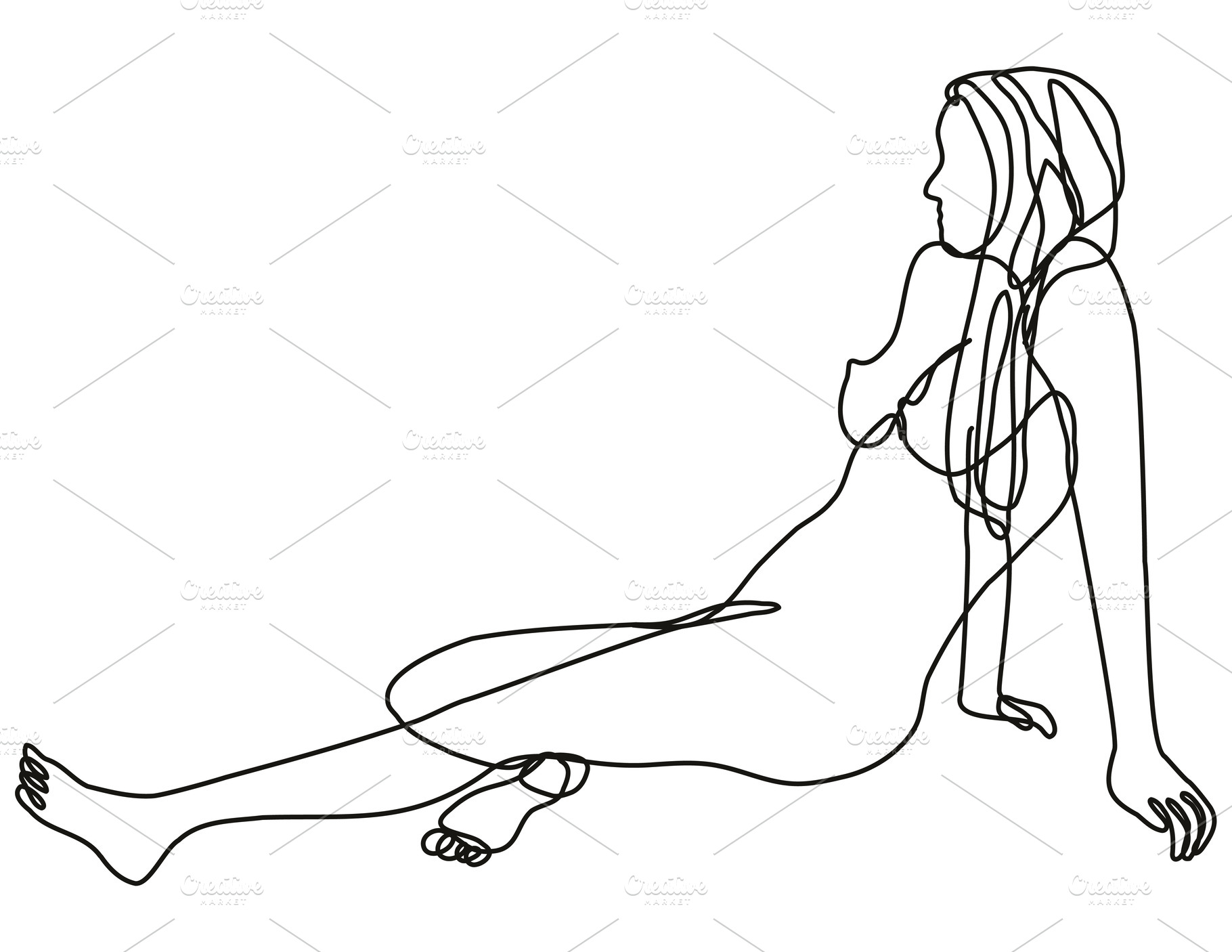 Female Nude Side Sitting Position Continuous Line Doodle Drawing People Images ~ Creative Market 4580