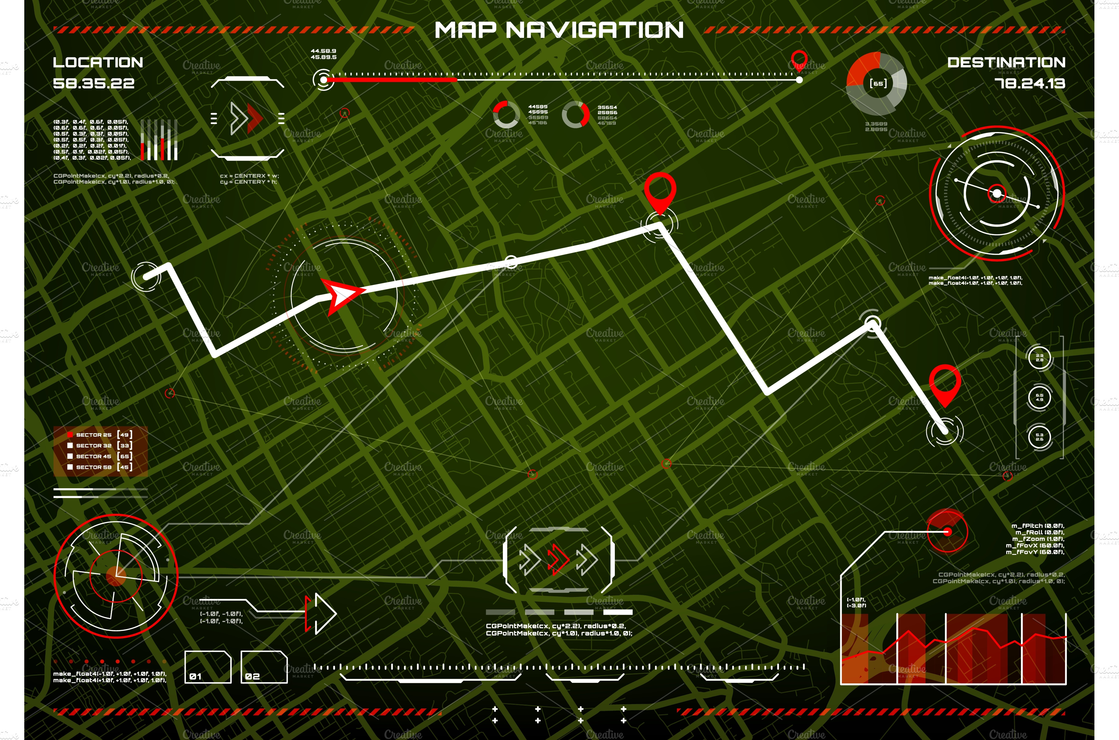 HUD navigation interface, city map Technology Illustrations