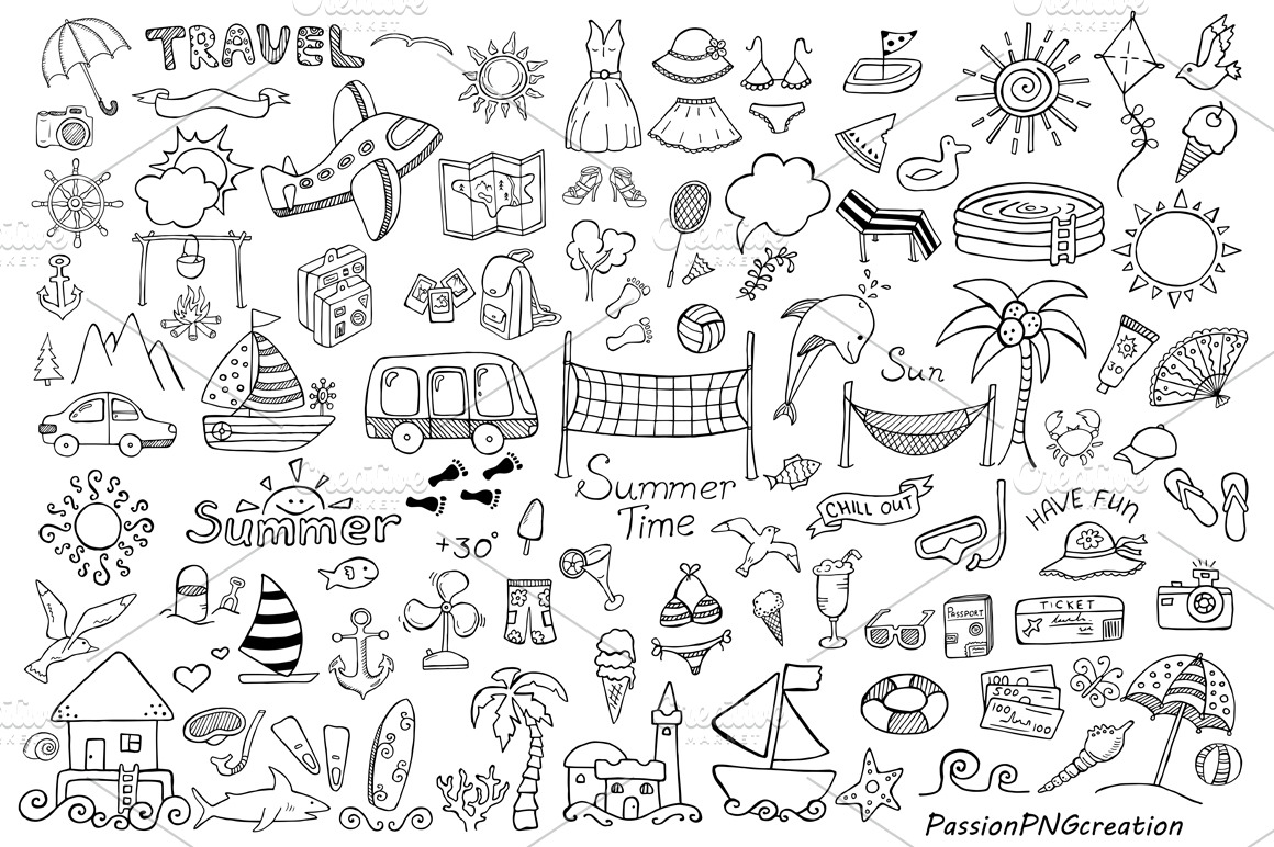 BIG SET of Doodle Summer cliparts | Illustrations ~ Creative Market