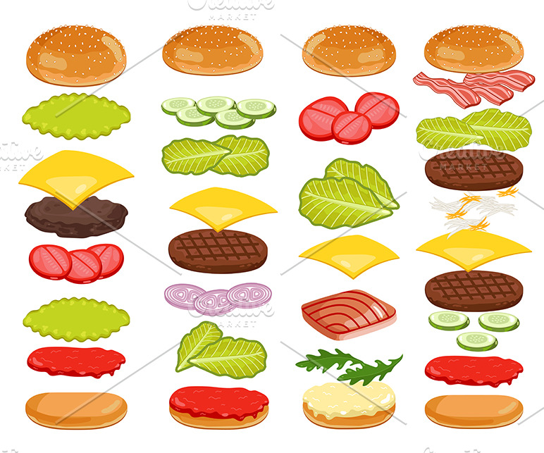 Burger ingredients isoalted on white | Pre-Designed Illustrator