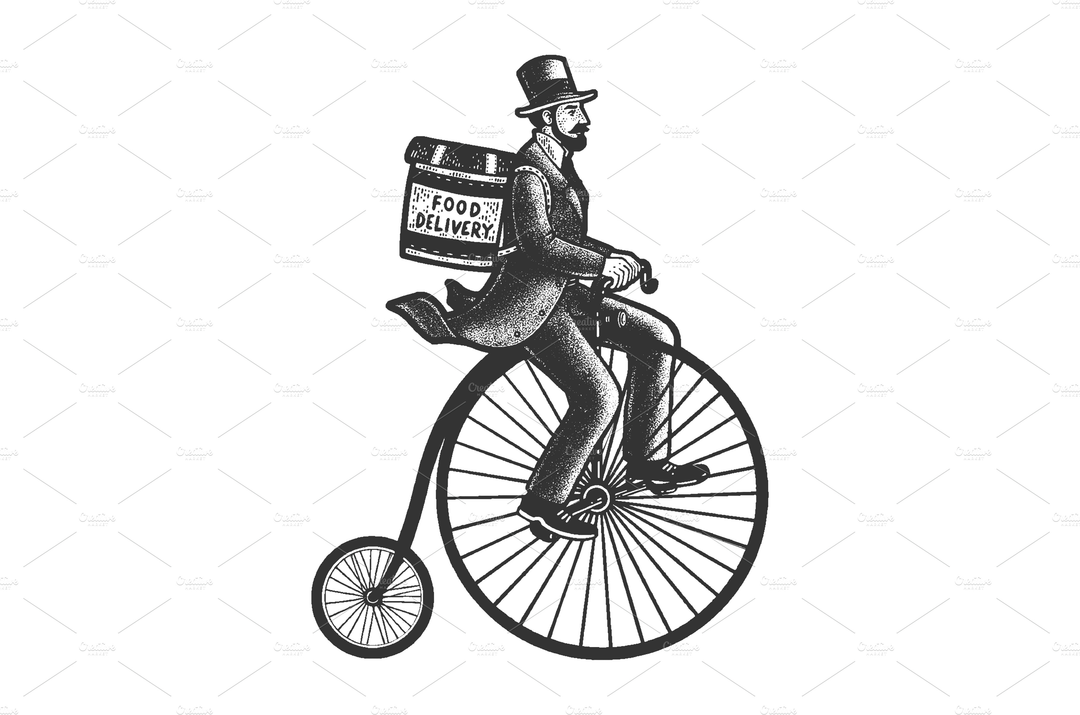 food-delivery-man-high-wheel-bicycle-food-illustrations-creative-market