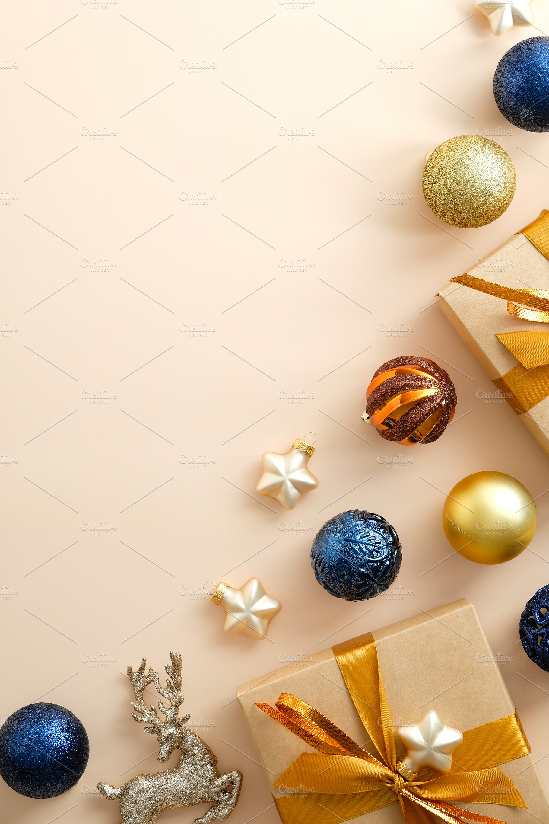 Merry Christmas vertical background with golden, blue and bronze bauble ...