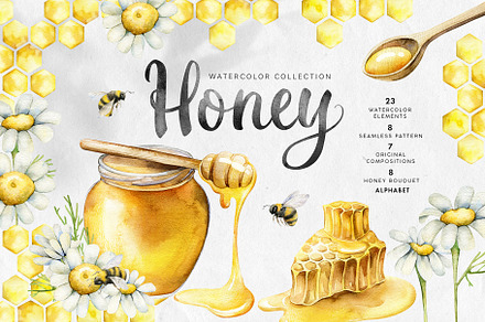 Watercolor Honey Bee Decor Clipart. (2038701)