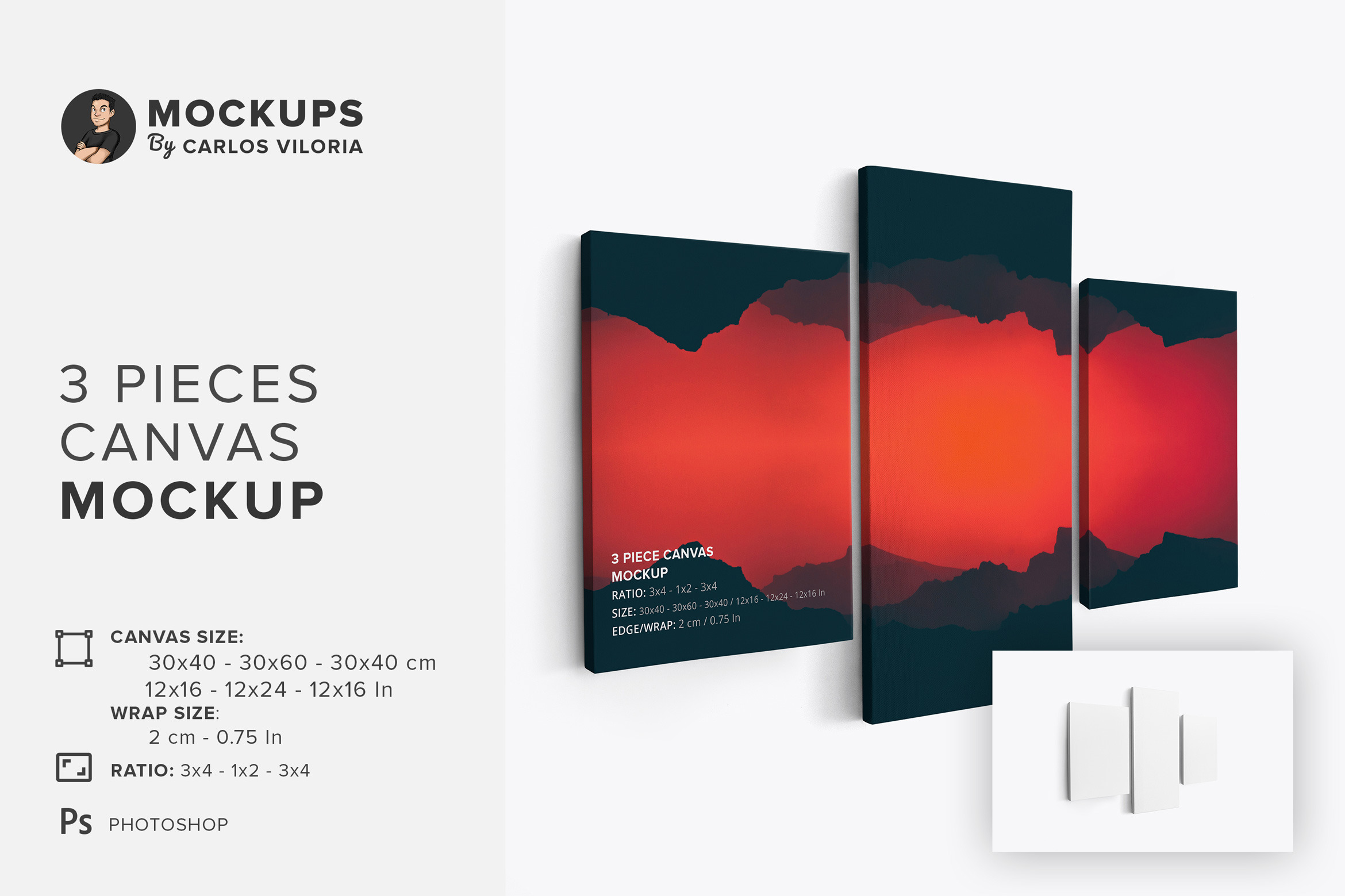 3 Piece Canvas Mockup – Left 0.75 In Wrap View