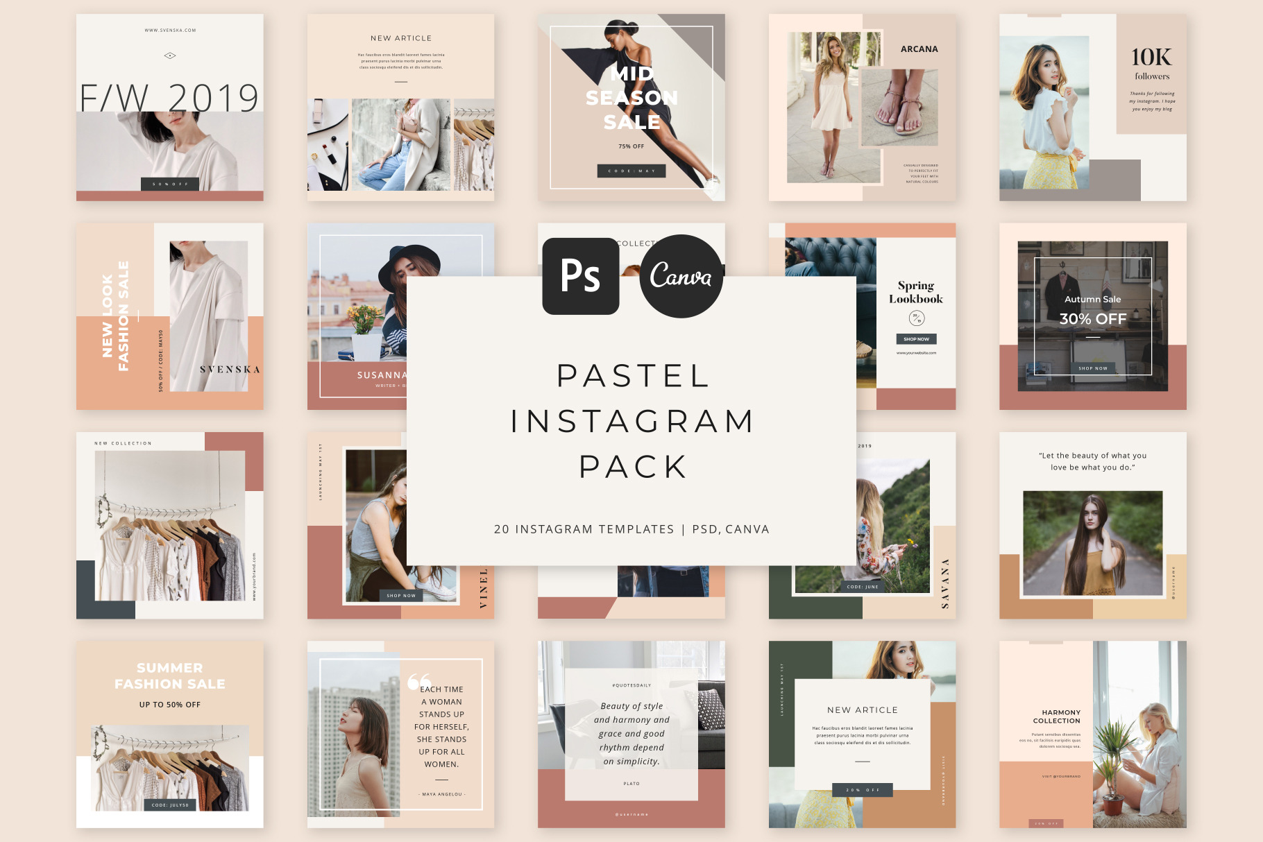 Pastel Instagram Pack PS & Canva | Social Media Templates ~ Creative Market