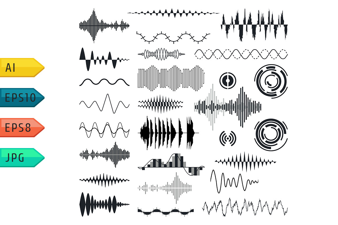 Vector sound waves set. Graphic Patterns Creative Market