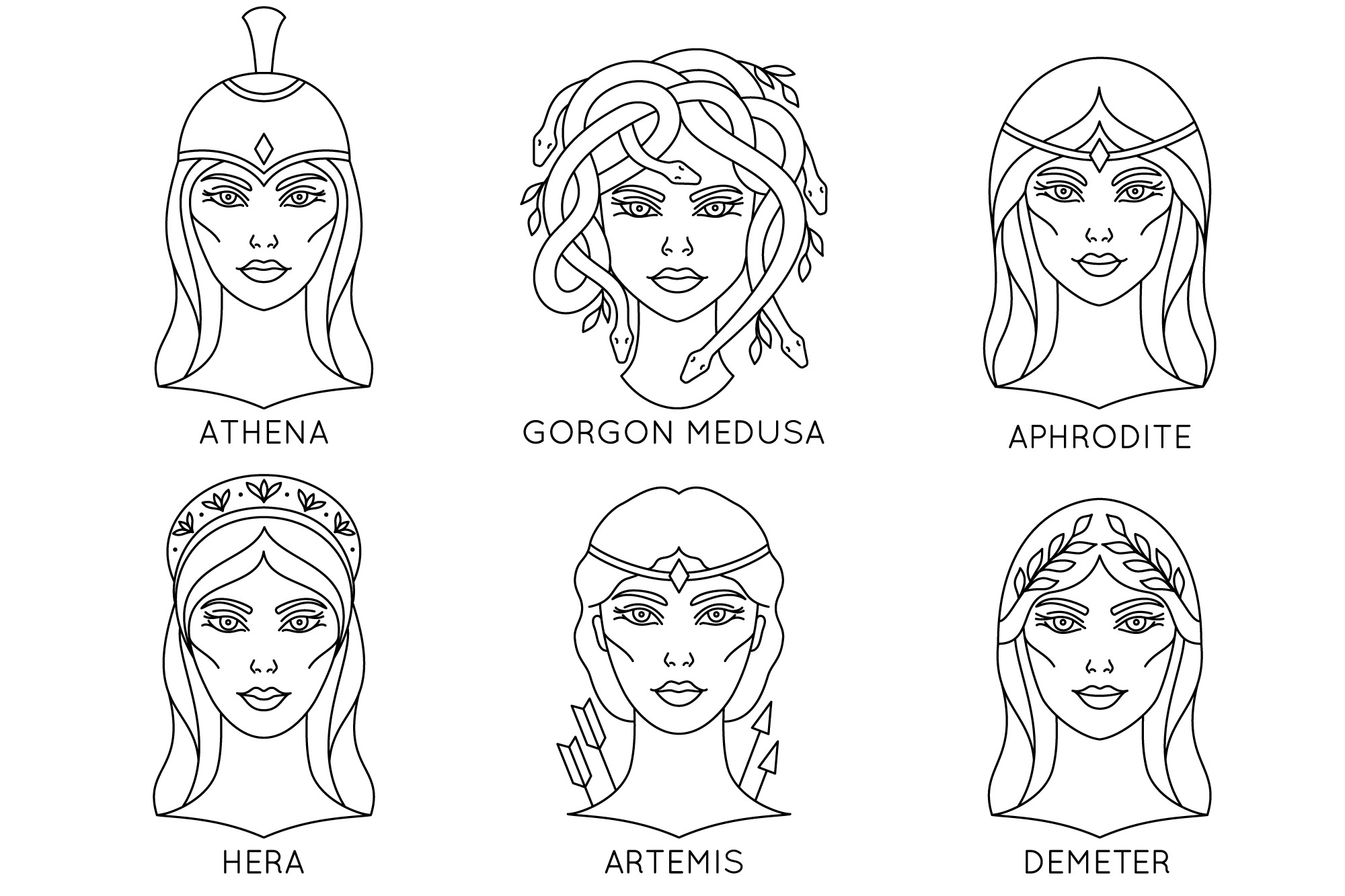  Line drawing of Athena, Medusa, Aphrodite, Hera, Artemis, and Demeter, representing societal values.