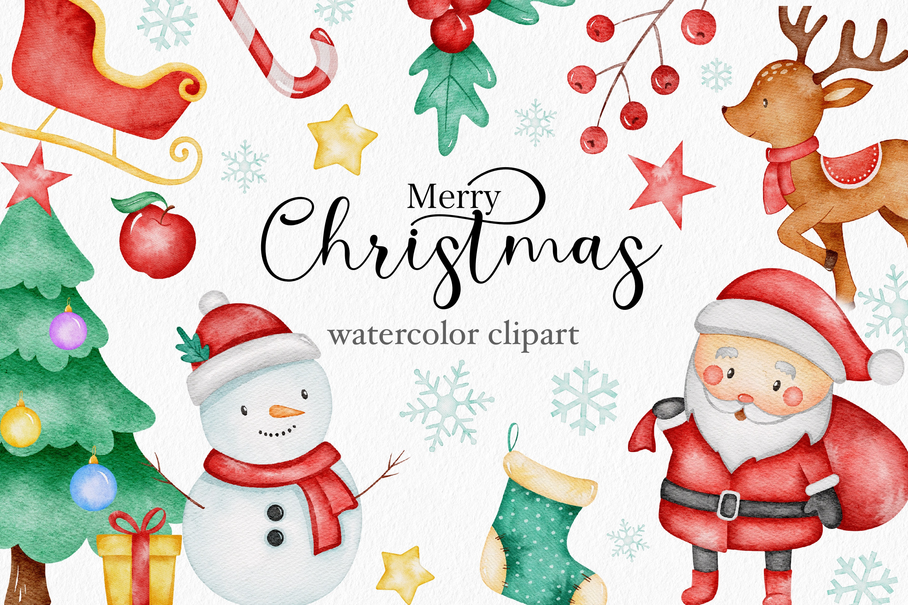 Merry Christmas watercolor clipart | Illustrations ~ Creative Market