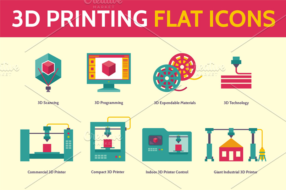 Download 3d Printing Icons In Flat Style Pre Designed Illustrator Graphics Creative Market PSD Mockup Templates