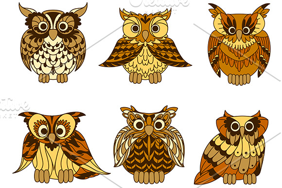 Yellow cartoon horned owls birds | Pre-Designed Illustrator Graphics