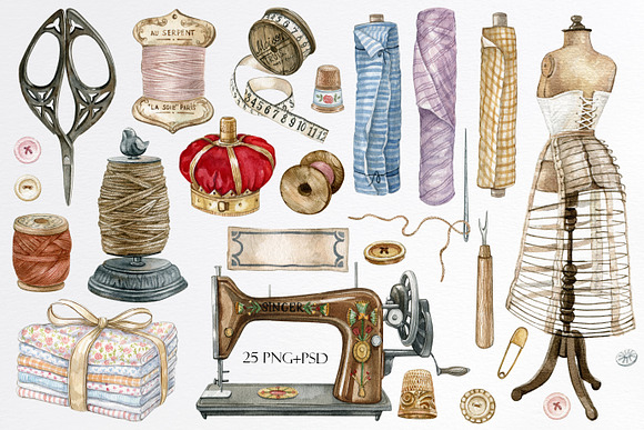 Watercolor vintage sewing kit.  Illustrations ~ Creative Market