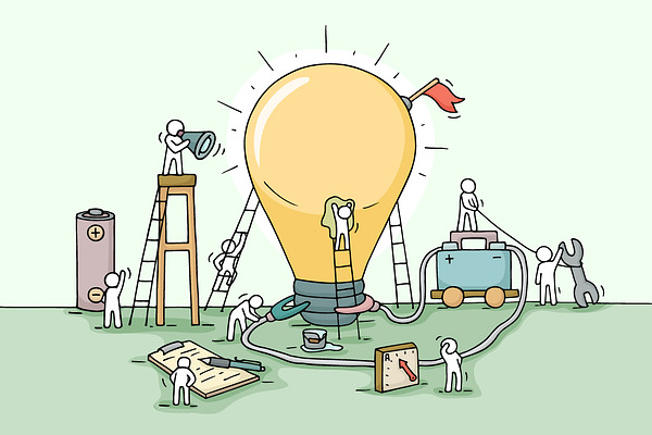 Cartoon teamwork with lamp idea | Pre-Designed Illustrator Graphics