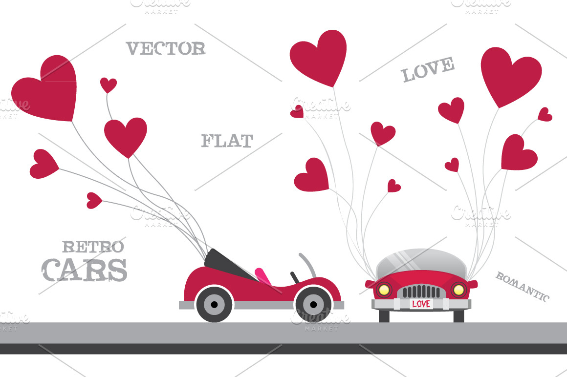 Retro flat cars with hearts | Graphic Objects ~ Creative Market