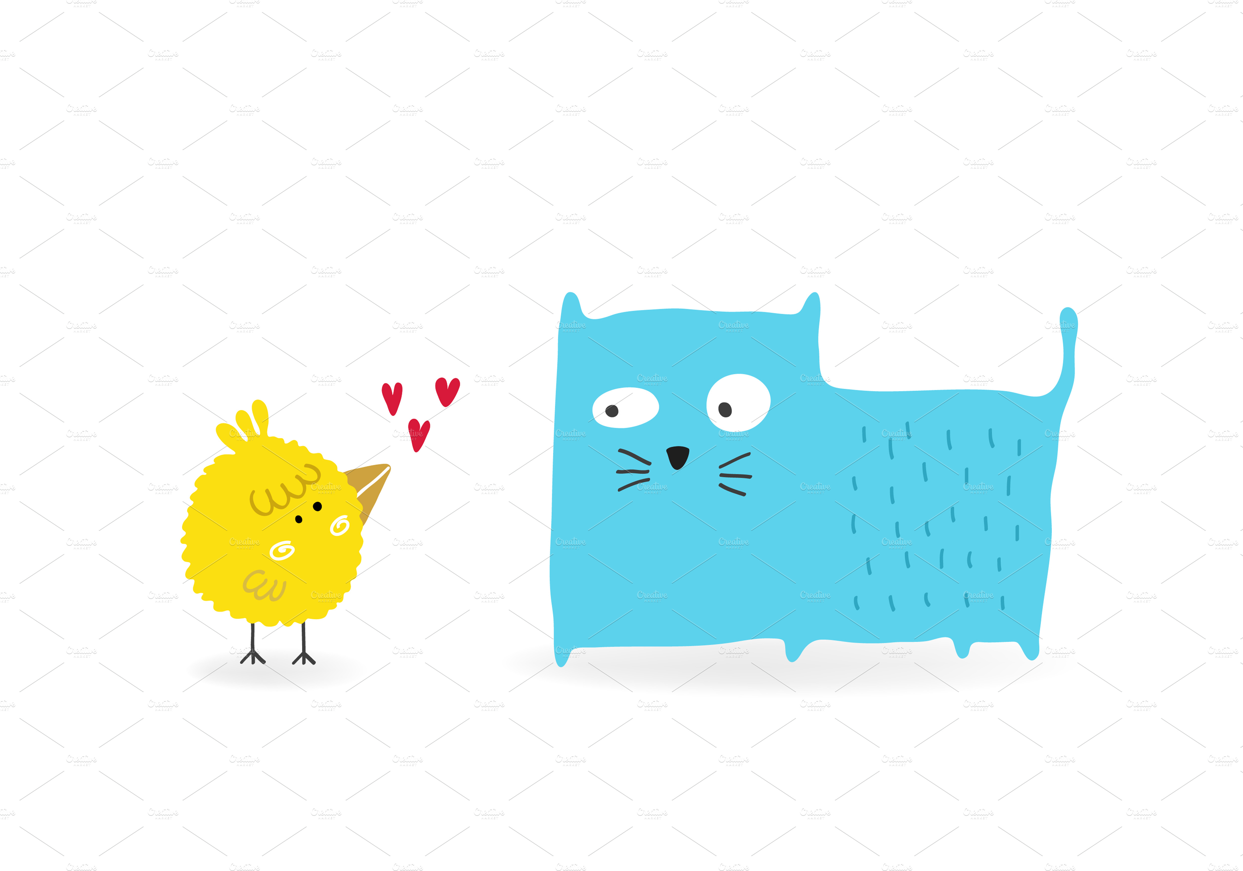 Bird in love with a Cat | Pre-Designed Illustrator Graphics ~ Creative