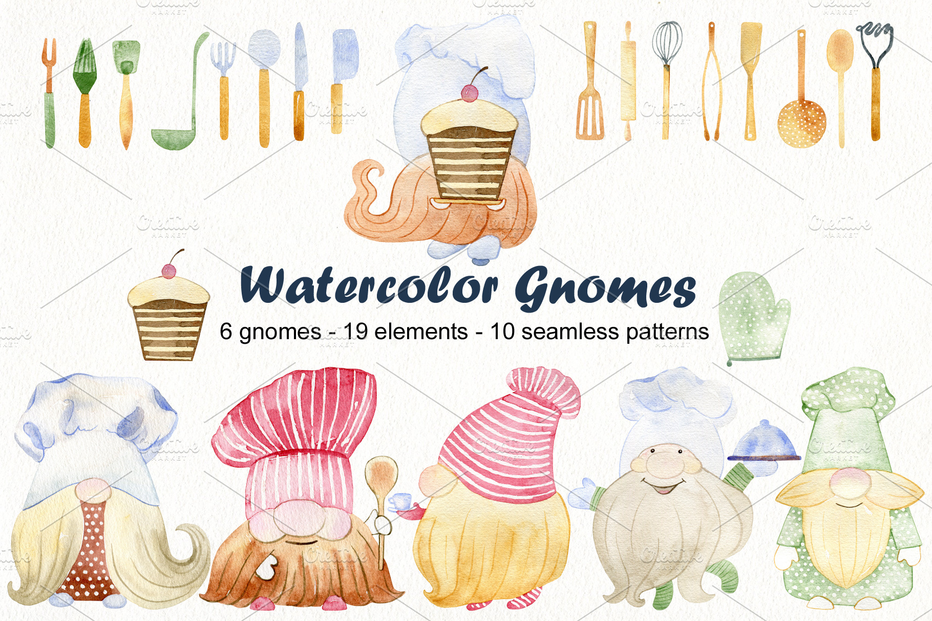 Watercolor Chef Gnomes cook, kitchen gnomes baker clip art