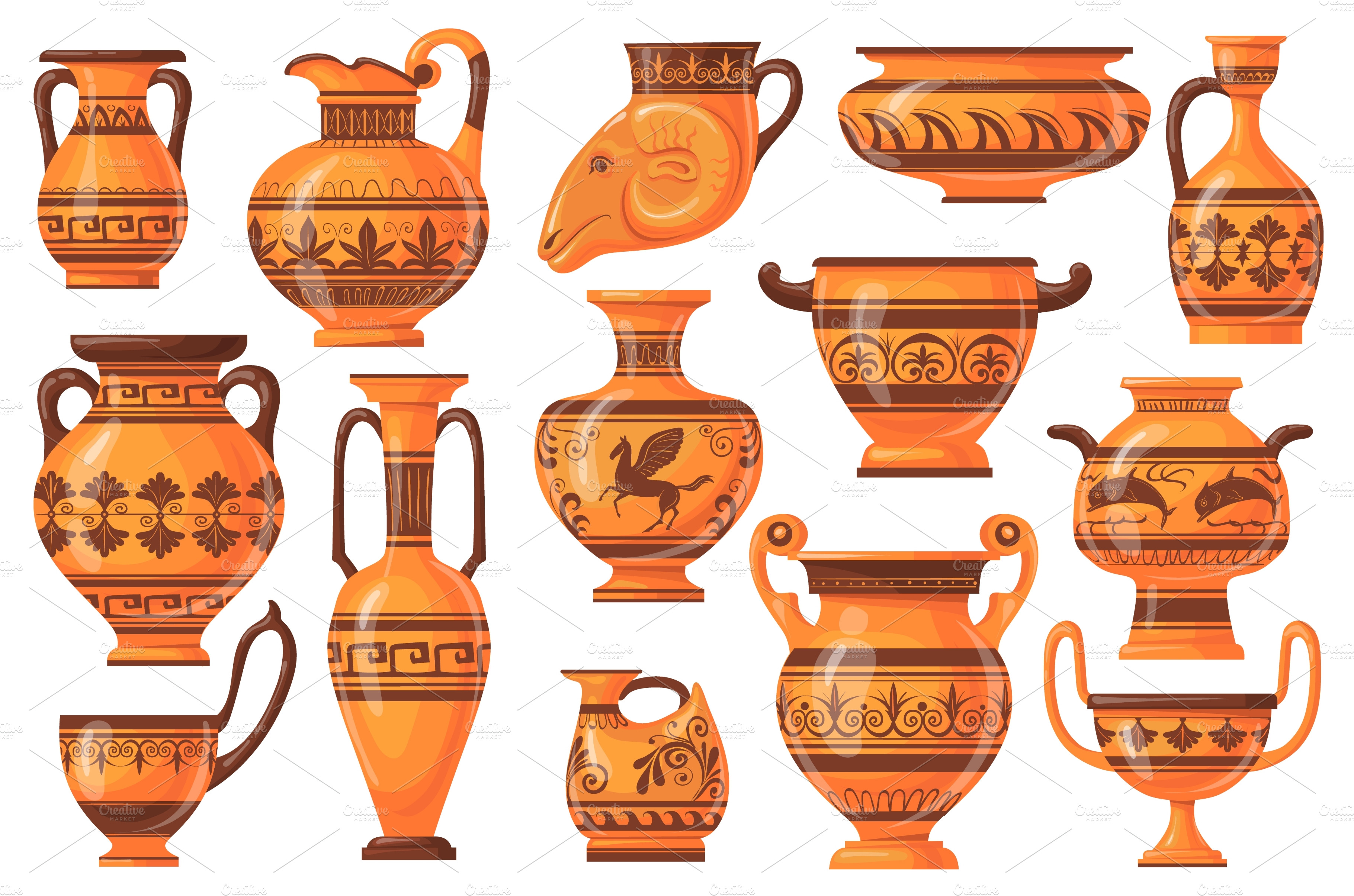 Cartoon greek pots. Ancient pottery Background Graphics Creative Market