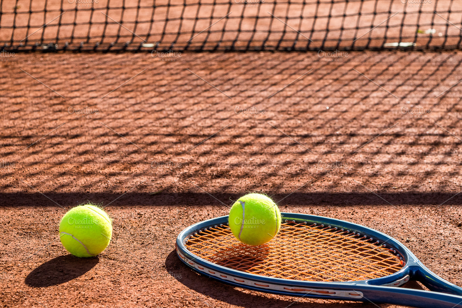 Tennis racket and new tennis ball | Background Stock Photos ~ Creative