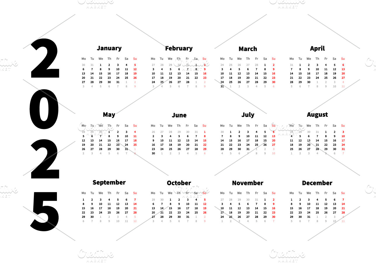 2025 year simple horizontal calendar Object Illustrations Creative