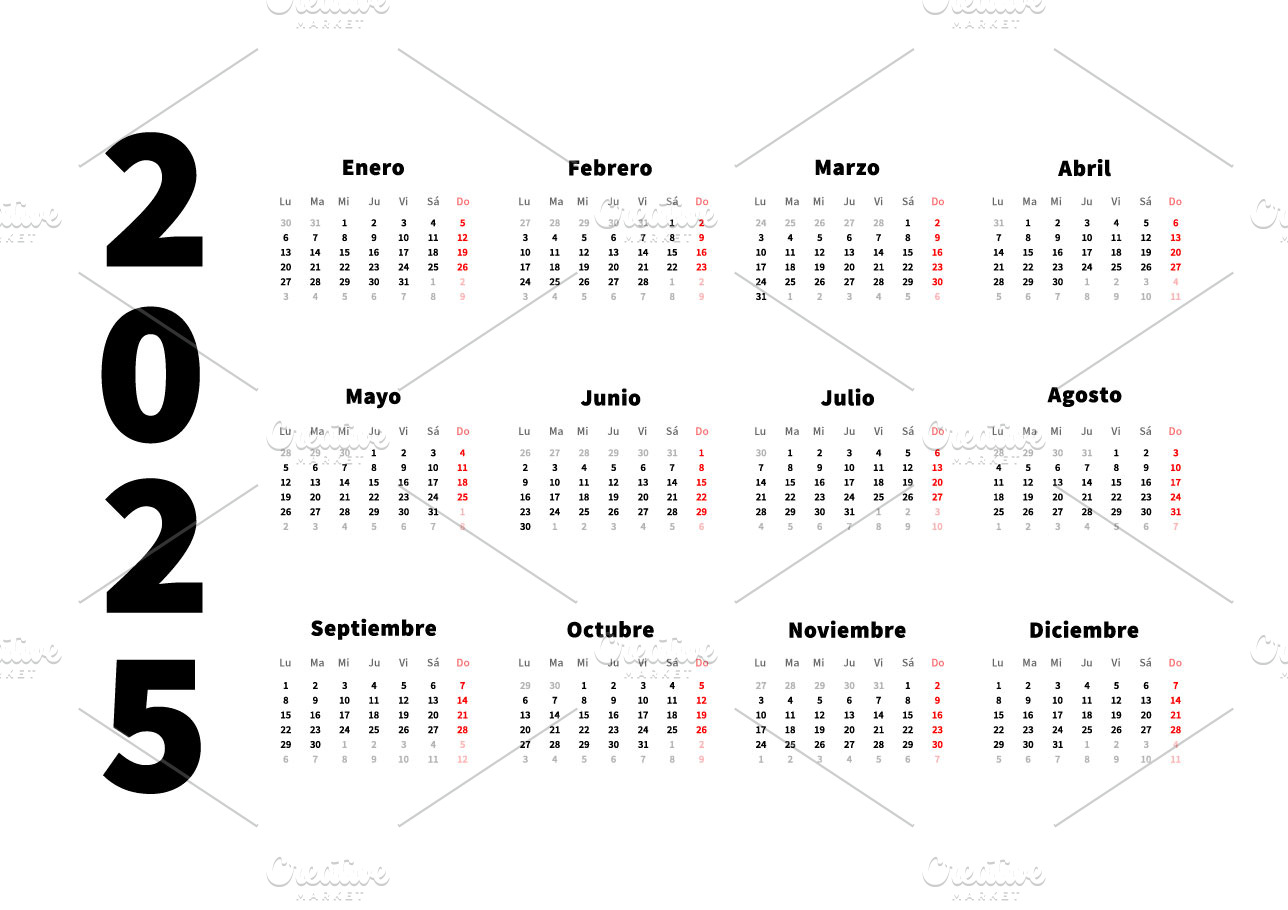 2025 year simple calendar in spanish Work Illustrations Creative Market