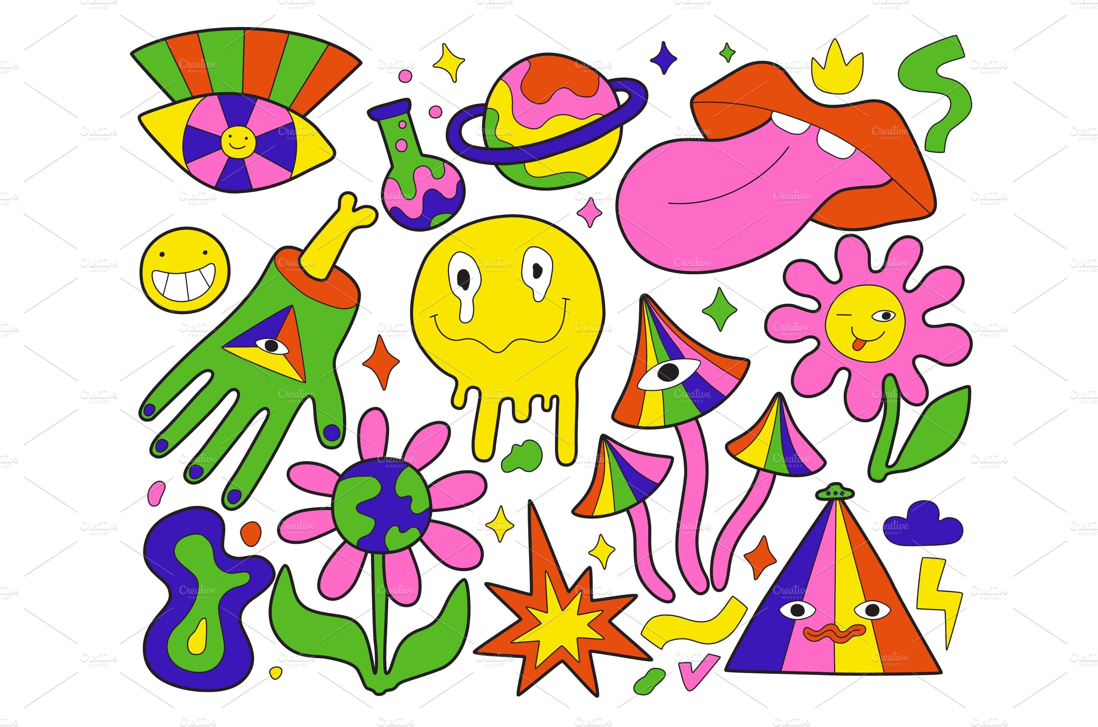 Psychedelic symbols. Acid colours | Illustrations ~ Creative Market