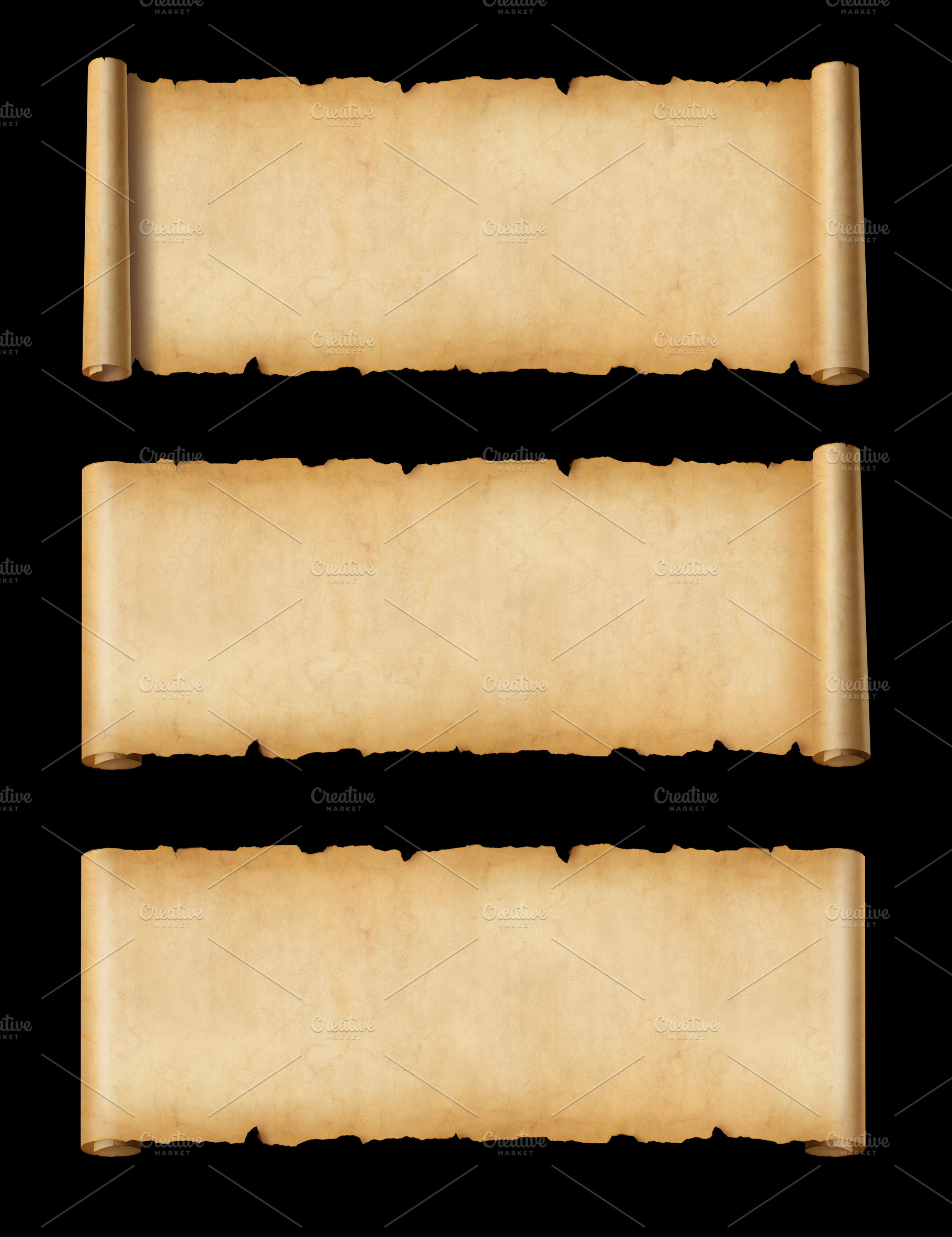 Old Parchment paper scroll set isolated on black. Horizontal ban