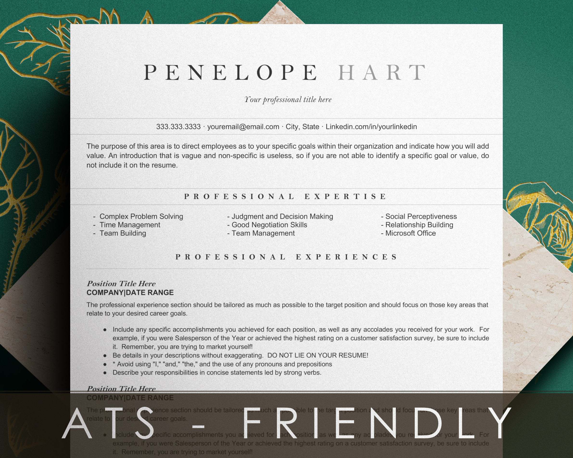 Penelope Elegant ATS Resume Resume Templates Creative Market