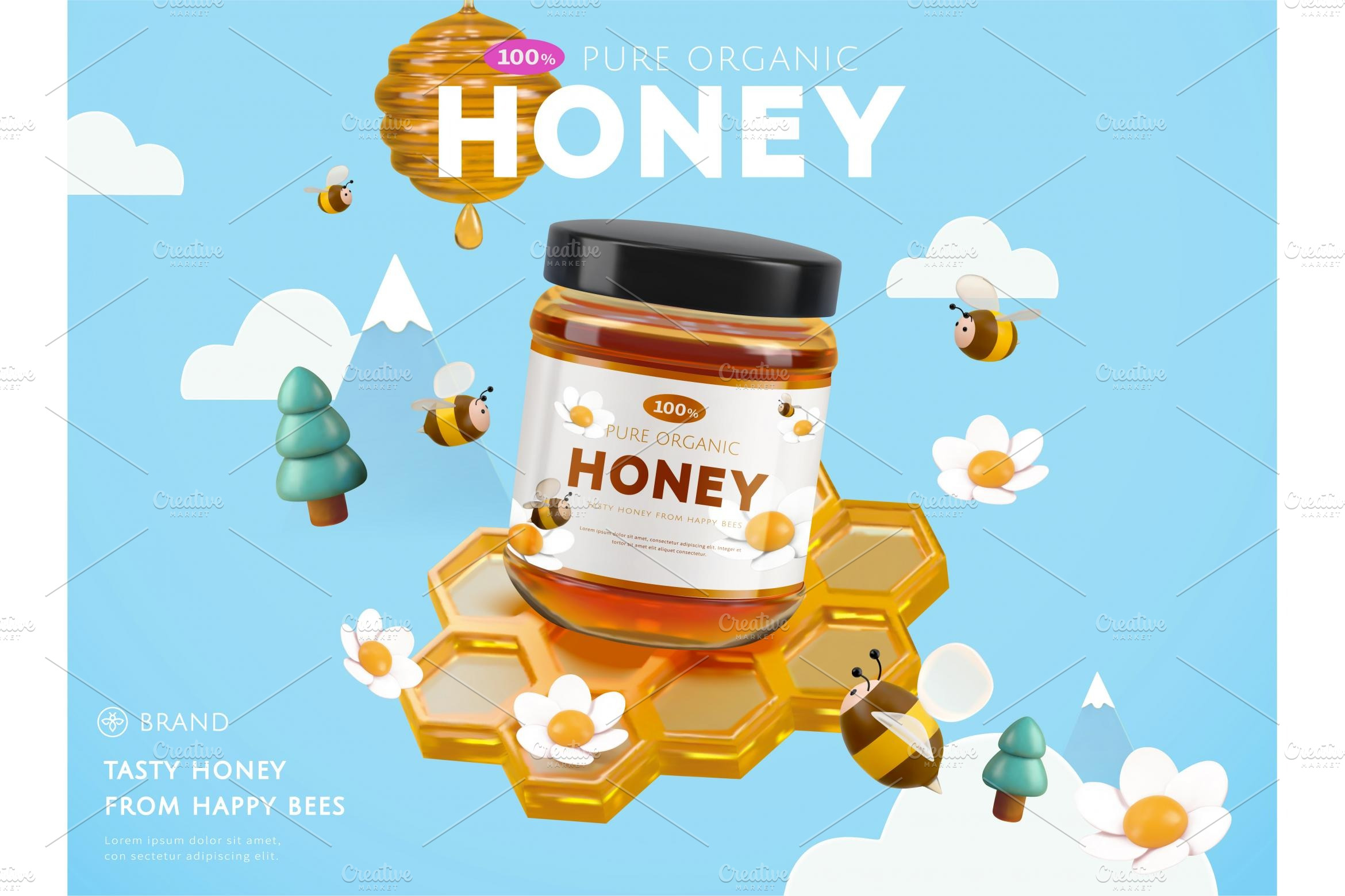 3D miniature honey ad template | Flyer Templates ~ Creative Market