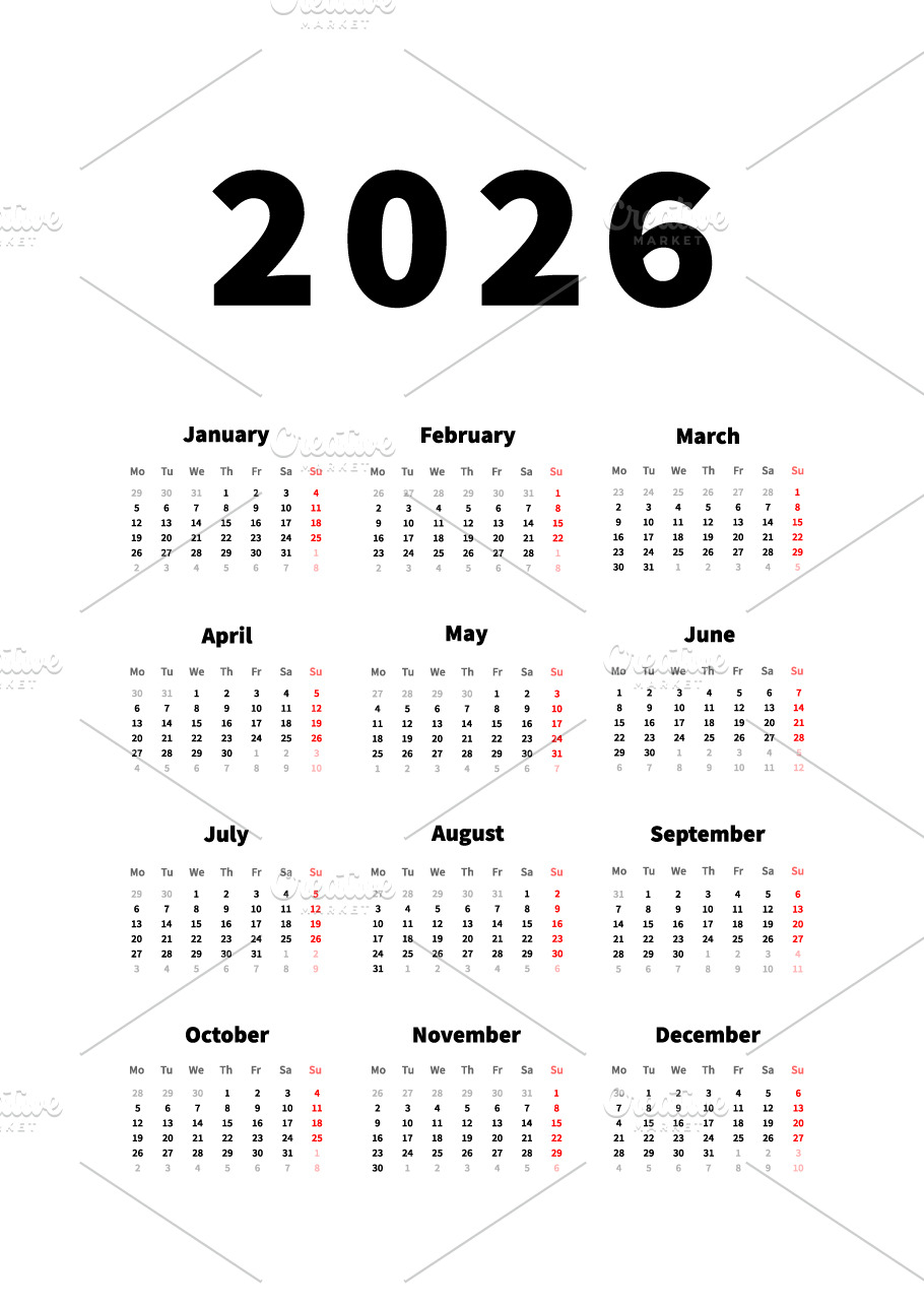 2026 year simple vertical calendar | Graphic Objects ~ Creative Market