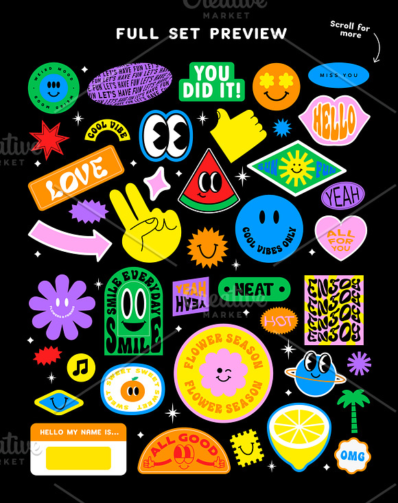 Cool Trendy Retro Stickers With Faces Cartoon Comic Label Patches