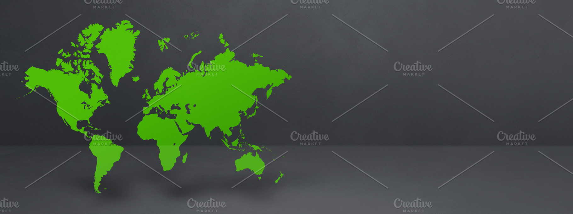 Green world map on black concrete wall background. 3D illustrati ...