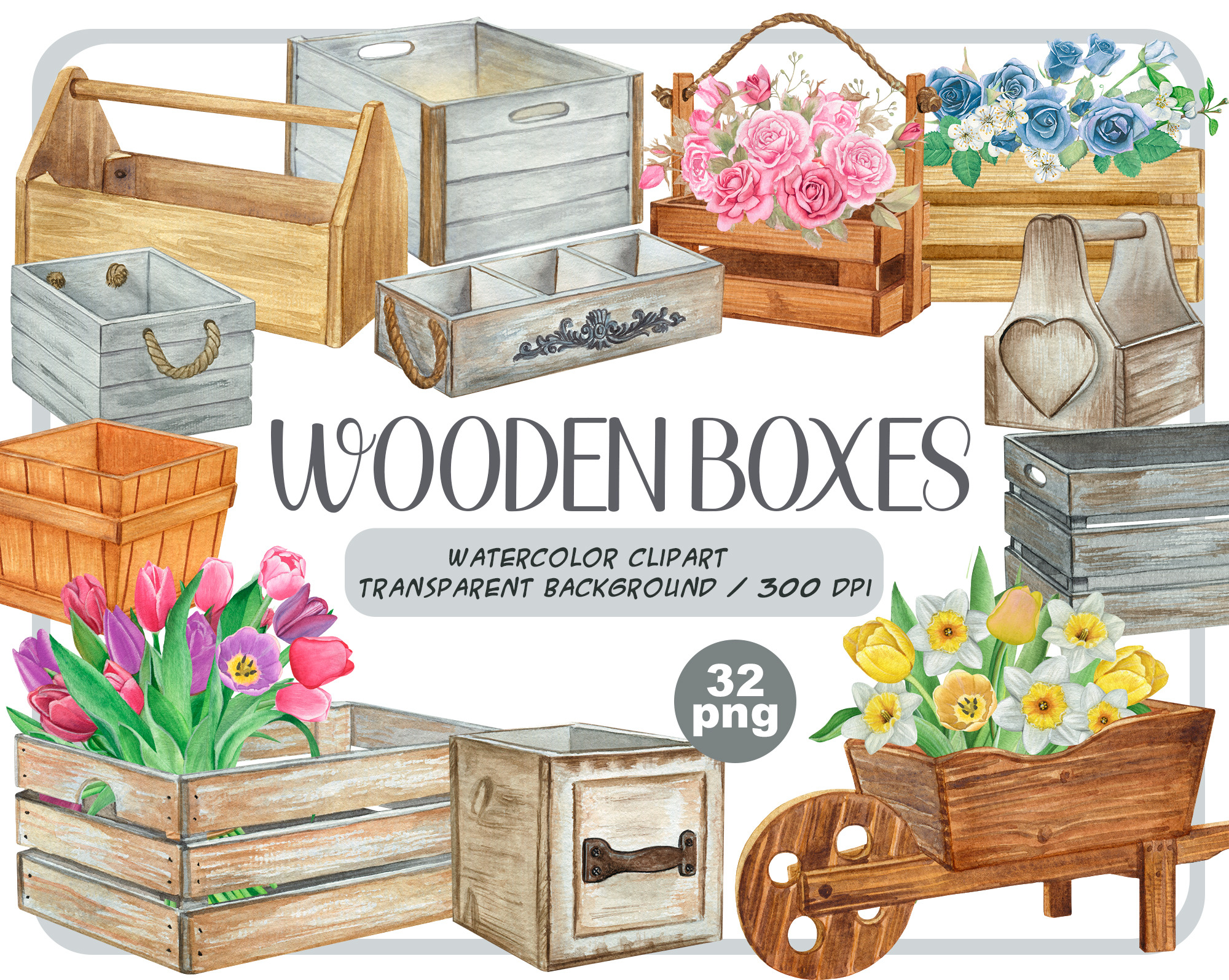 Watercolor wooden boxes clipart | Illustrations ~ Creative Market