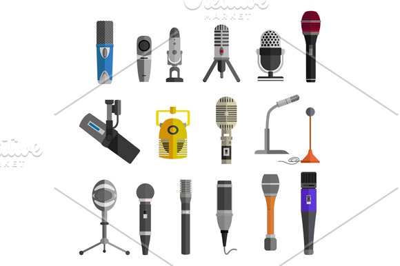 Microphone Set Design Flat Isolated | Object Illustrations ~ Creative ...