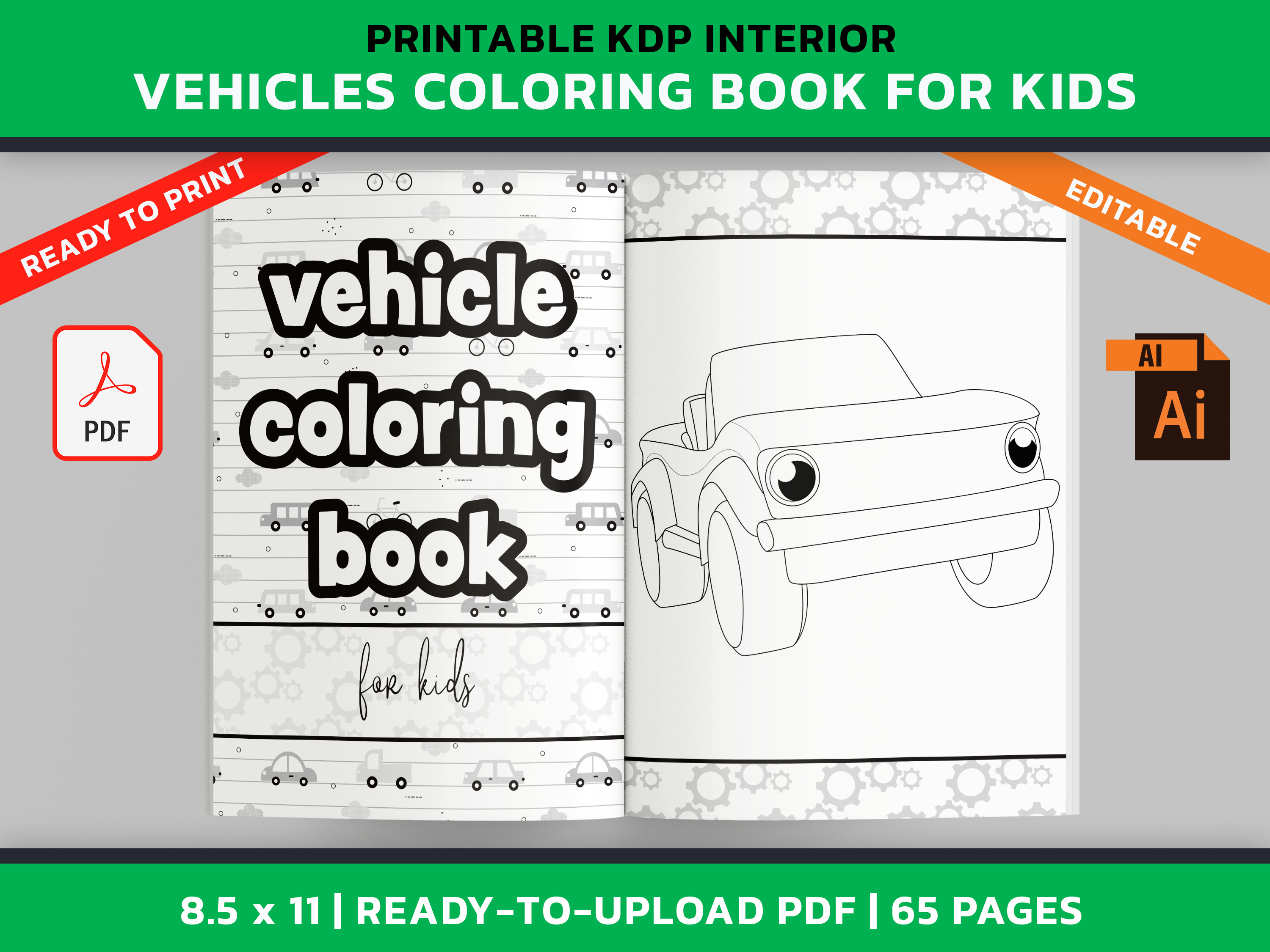 KDP Vehicle Coloring Book For Kids Creative Market