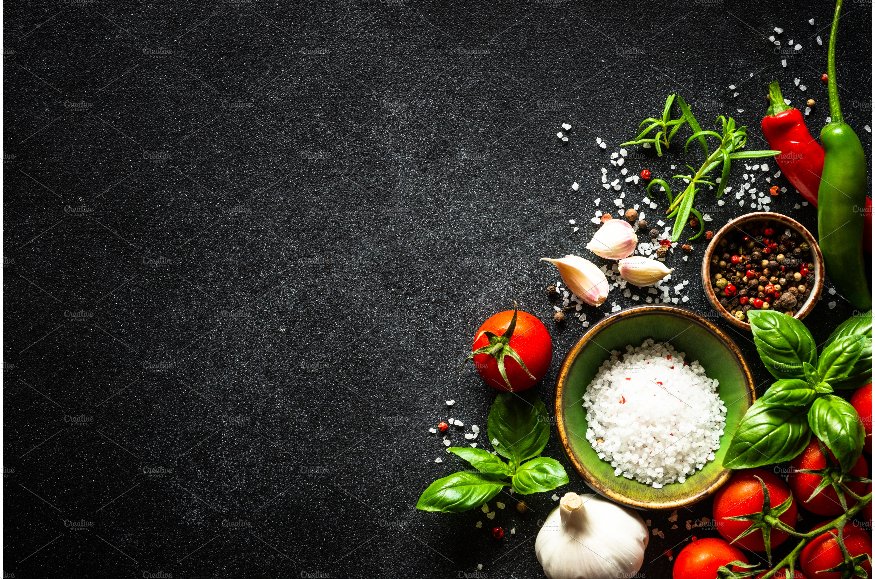 Food cooking background on black kitchen table Stock Photo by Nadianb