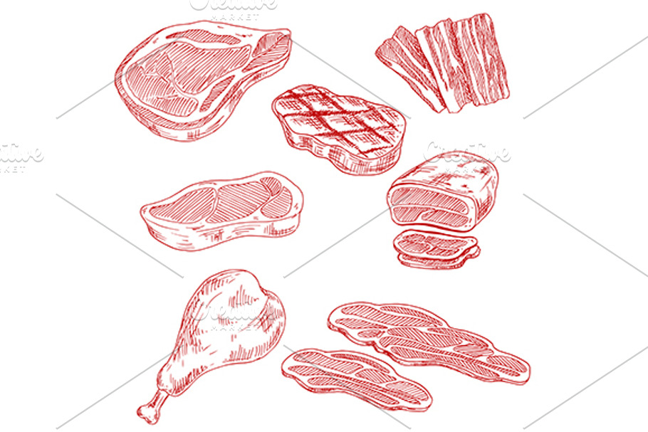 Meat Fresh Cut Of Beef And Pork Sketch Banner Set Pre Designed Illustrator Graphics 